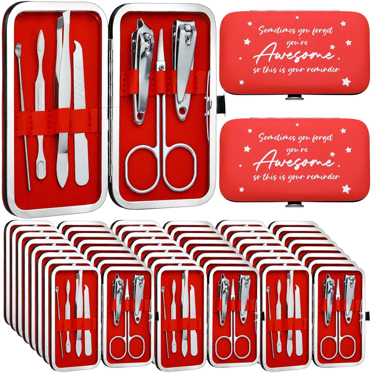 Lanties 24 Set Manicure Kit Bulk Steel Nail Clippers 7 in 1 Stainless Grooming Nail Kit Mother's Day Appreciation Gift Professional Pedicure Tool for Adults Women Men Employee Personal Care(Red)