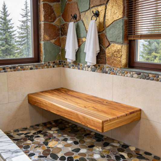 Minimalist 60″Floating Teak Shower Bench: Warm, Easy to Install (No Tile!), Holds 670 lbs for a Modern Bathroom.