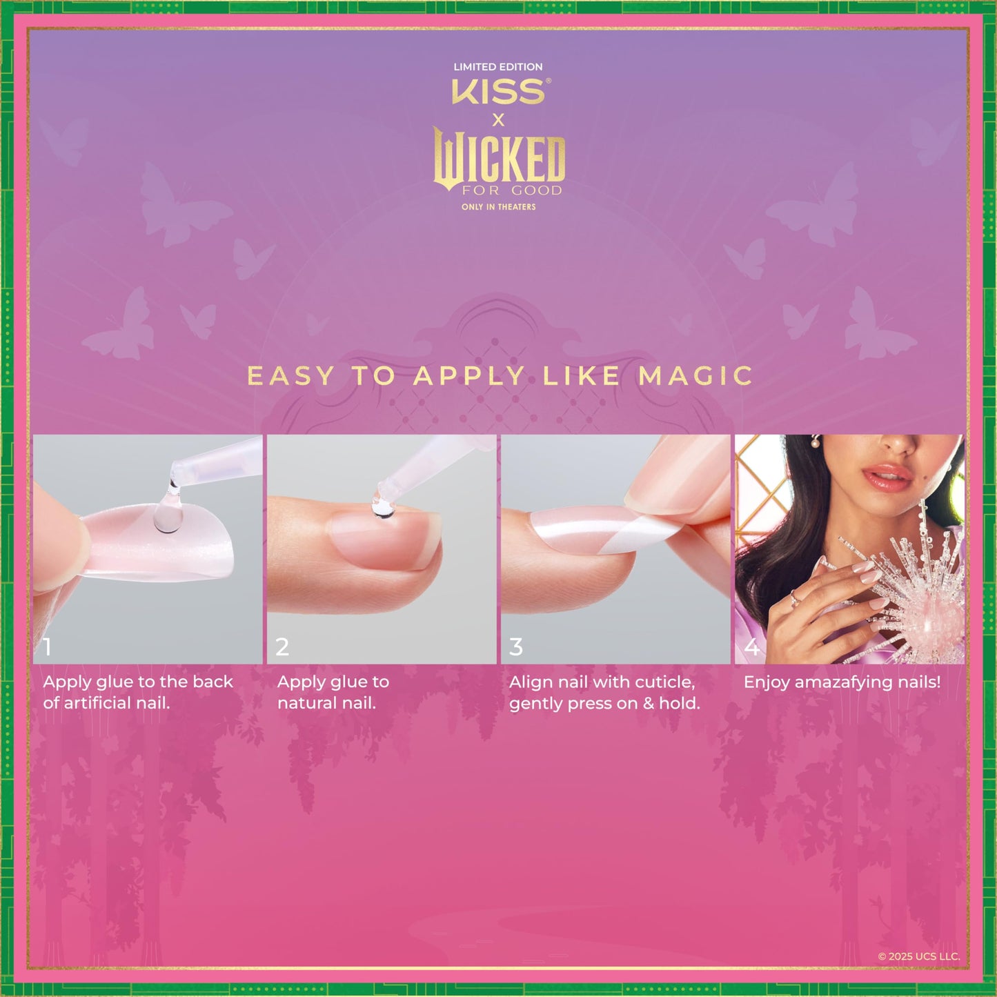KISS X WICKED: FOR GOOD Press On Nails Almond, ‘I Feel Wicked’, Green, Long, Waterproof, Chip Proof, Smudge Proof, 28 Fake Nails, Pink Gel Nail Glue (2g), Mini Nail File, & Manicure Stick
