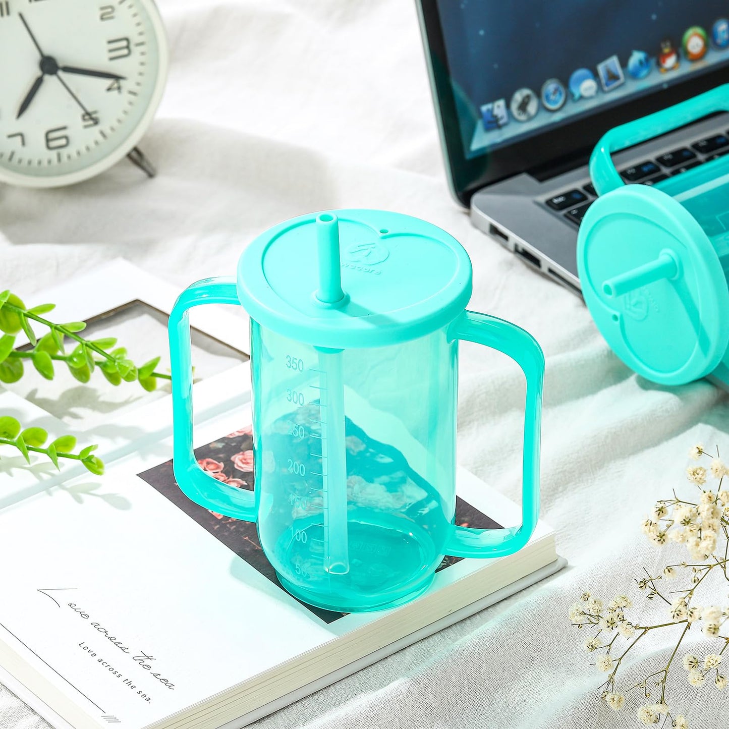 Sliner 3 Pcs Adults Sippy Cups for Elderly 12 oz Straw Sippy Cups with 2 Handles No Spill for Adults Spill Proof Dysphagia Cup for Disabled Patients Elderly Care (Blue)