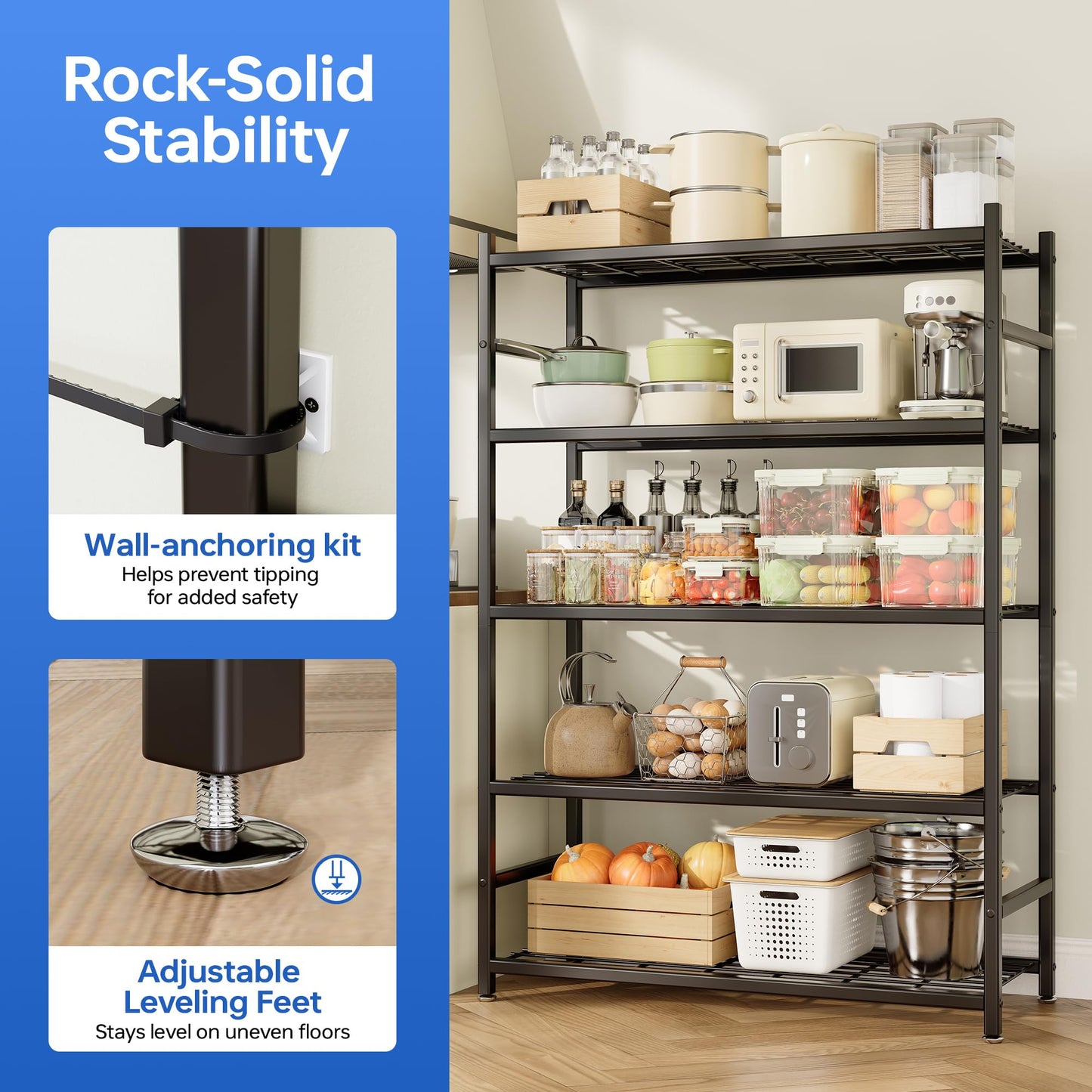 Tujurich Storage Shelves, 5-Tier Metal Shelving Unit with Adjustable Feet, Shelf Organizer for Garage, Kitchen, Pantry and Closet Organization, 36.4" x 11.8" x 68.3", Black