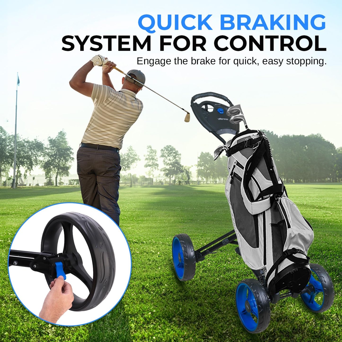SereneLife 4 Wheel Golf Push Cart, Durable Aluminum Frame Folding Golf Hand Cart with Adjustable Handle, Brakes, Storage Holder, Lightweight and Collapsible Design for Easy Transport
