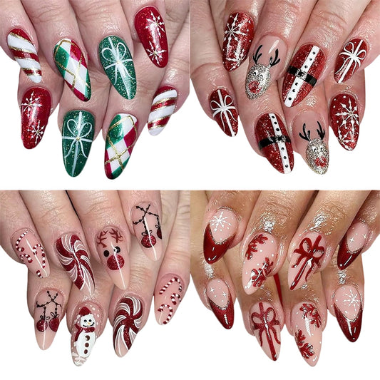Christmas Press on Nails Kit 96 Pcs Medium Almond Fake Nails 4 Style Red French Tip False Nails with Snowflake Bow Snowman Cane Candy Designs Glossy Glue on Nail Winter Acrylic Nails for Women Girls