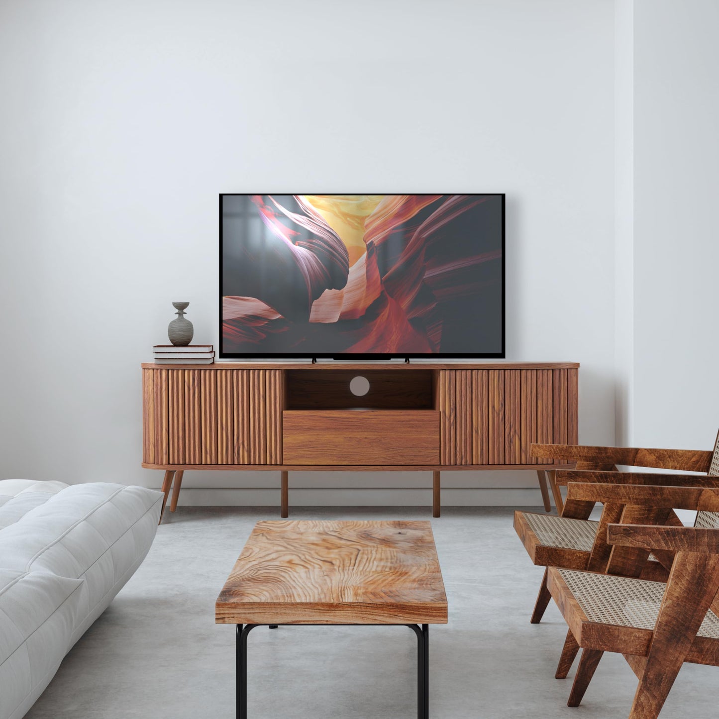 JONATHAN Y TVS1001B Damien 70 in. Farmhouse Curved TV Stand with Drawer and Storage Doors Fits TVs up to 75 in. with Cable Management, Walnut for Living Room, Bedroom, Dining Room