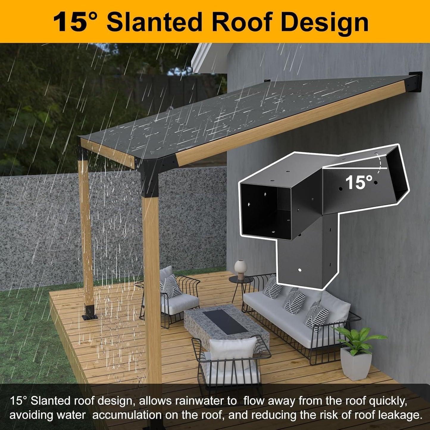 Heavy Duty 15°Slanted Roof Wall Mount 4x4 Pergola Bracket Kit,TROPTOLKY Angled 4x4 Wood Post Bracket,DIY Pergola Gazebo Kit
