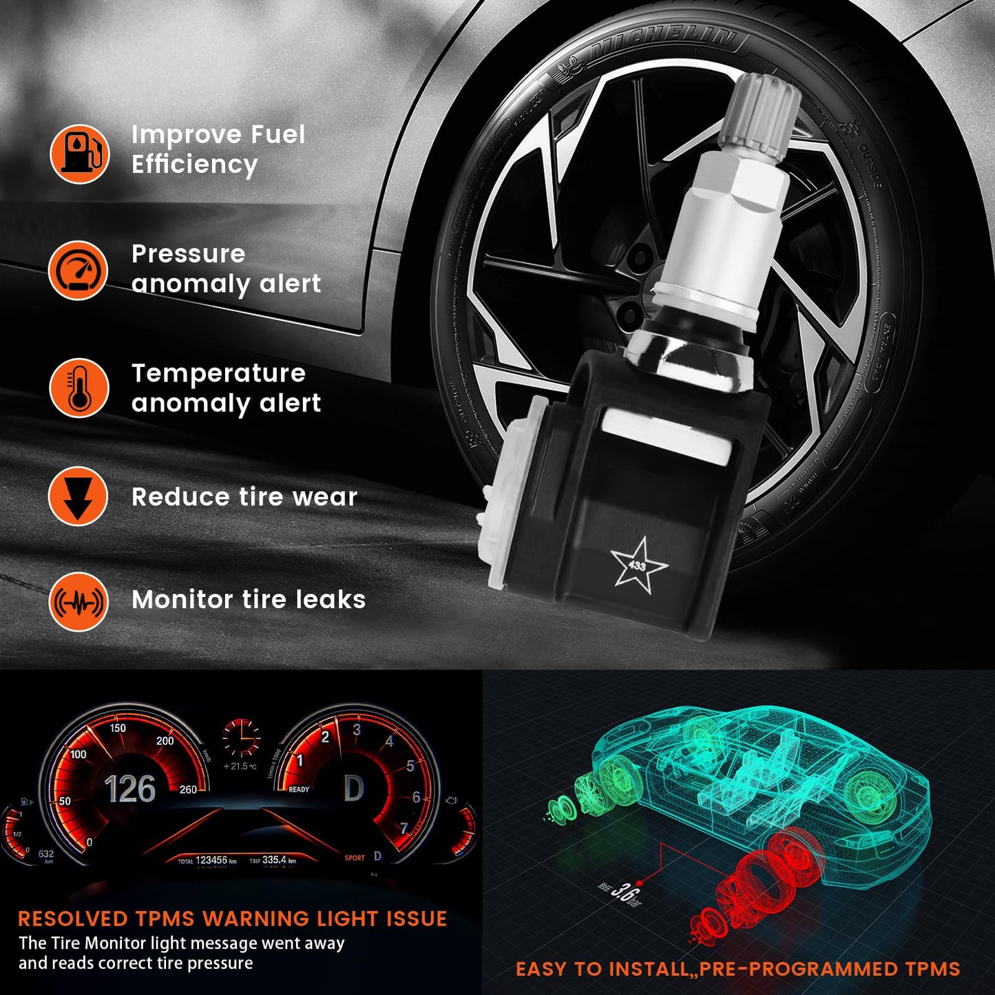 ATURMC Set of 4 TPMS Sensor Tire Pressure Monitoring Sensor 433MHz Compatible with BMW X3 X4 X5 Replaces# 6887140