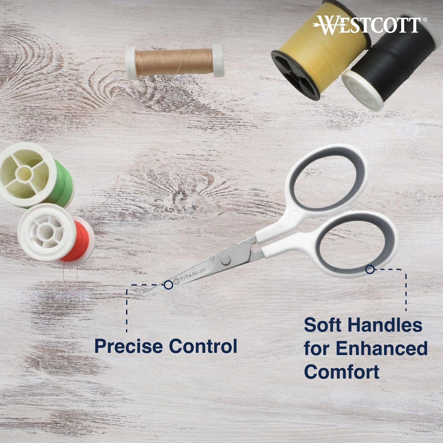 Westcott 4" Embroidery Scissors with Curved Titanium-Bonded Blades for Flush Trimming, Crafting, Sewing & More (White/Gray)