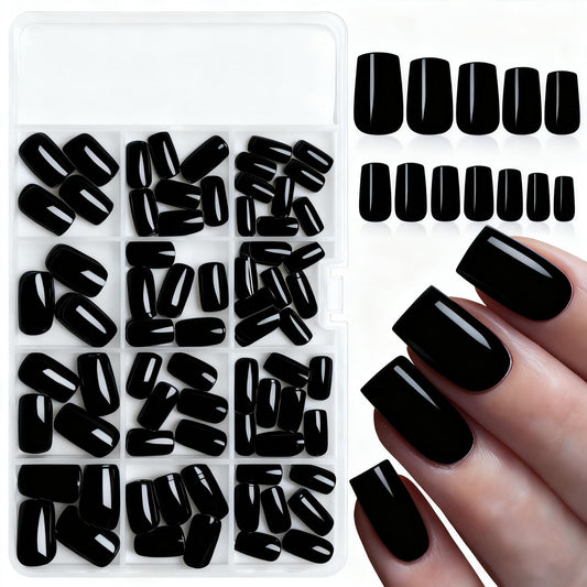 LoveOurHome 240pc Black Press on Nails Medium Square Fake Nails Press ons Square Nail Tips Gel False Nails Colored Presson Artificial Fingernails & Glue Adhesive Tabs Women Girls Manicure Decor