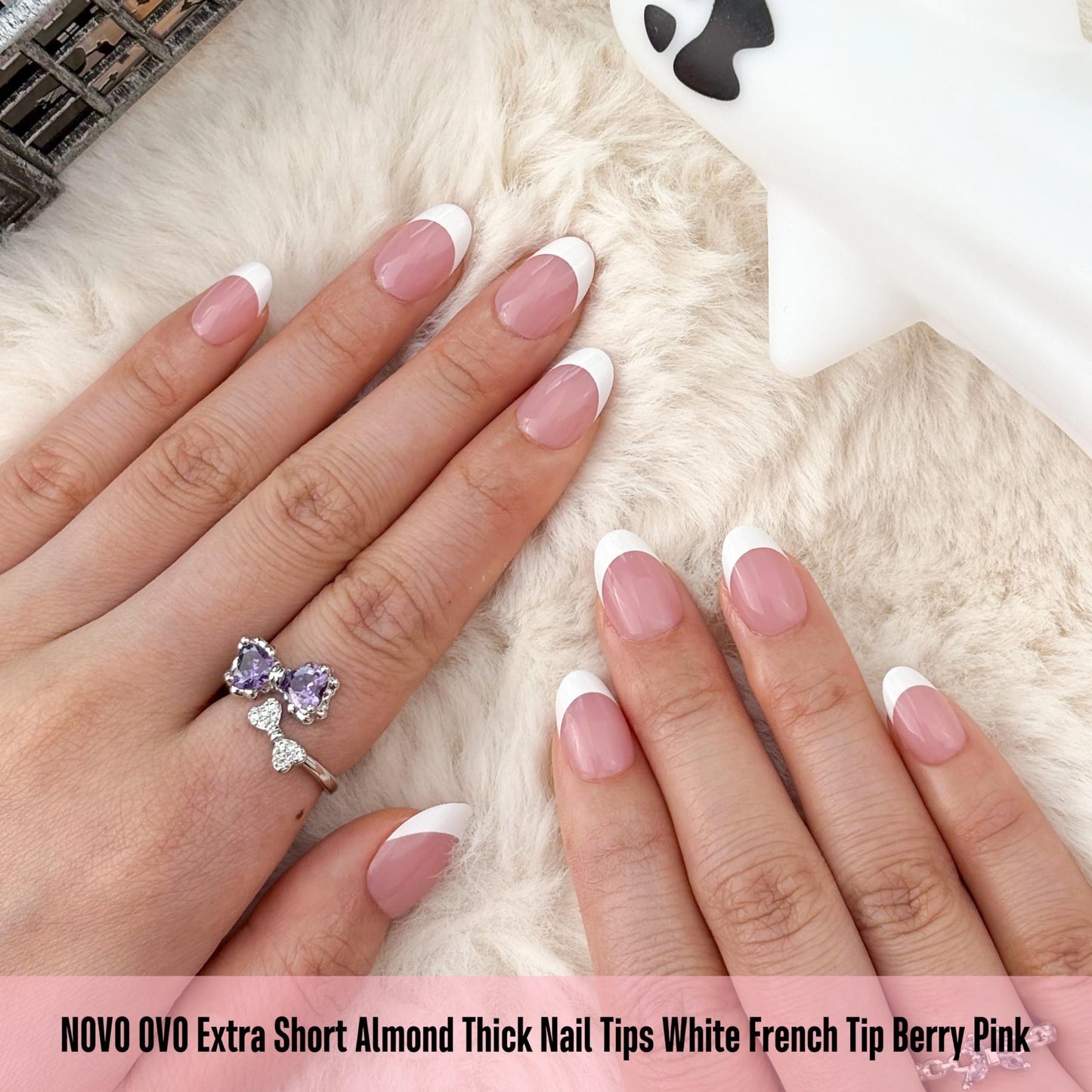 NOVO OVO Extra Short White French Tip Almond Nail Tips Press on BERRY PINK, Thick Soft Gel Fake Acrylic Extension, Need Builder Gel Top Coat, No Glue Included, for Salon DIY x 16 Sizes 224 pcs