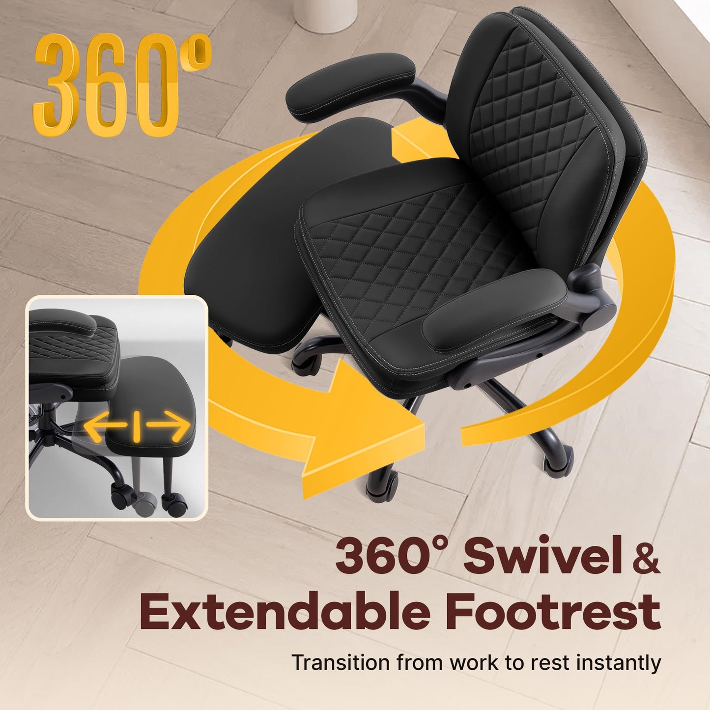 AreShark Cross Legged Office Chair,ADHD Criss Cross Desk Chair with Wheels & Stretchable Rotating Footrest,Height Adjustable Wide Yoga Kneeling Meditation Chair with Flip-up Armrests Back Support