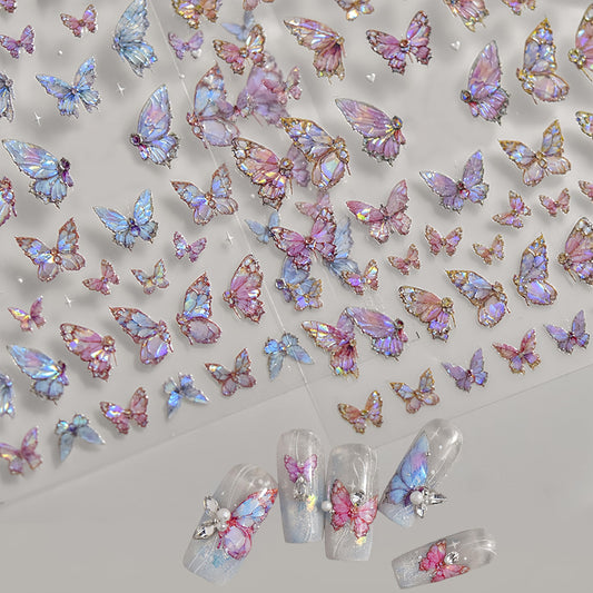 2 Sheets Butterfly Nail Art Stickers 5D Embossed Pink Butterfly Nail Decals Glitter Aurora Butterfly Nail Pattern Self-Adhesive Nail Art Stickers DIY Nail Decoration