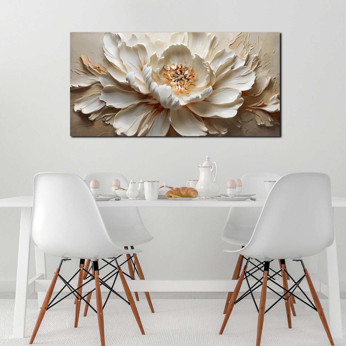 TYTAUPT Flower Painting Wall Decor White Canvas Wall Art for Office Women,Teen Room Decor for Girls,Dining Room Art Wall Decor 24 x 48 Inch