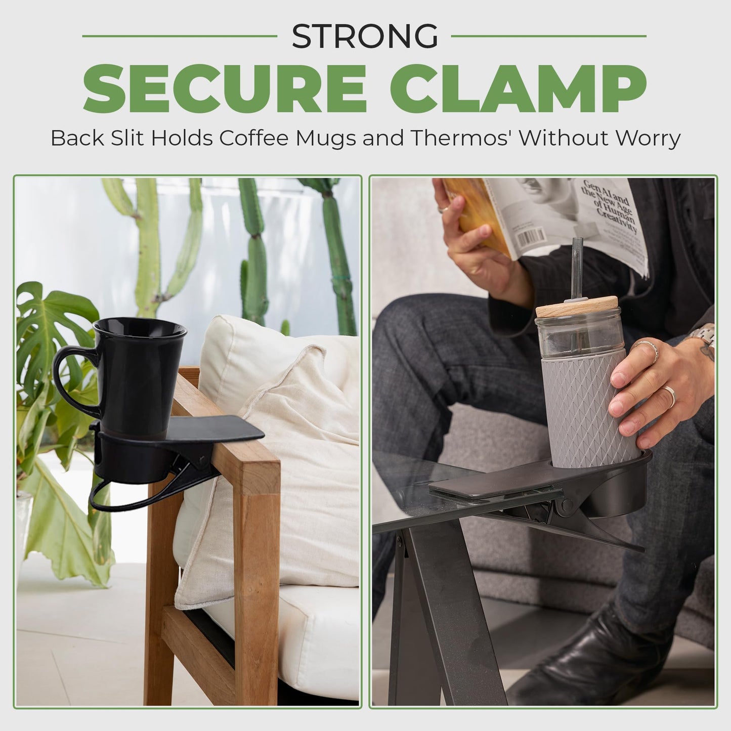 AISLE 3 ESSENTIALS Desk Cup Holder Clamp, Clip On Cup Holder for Desk, Anti Spill Drink Holder with Phone Slot, Clamp On Holder for Coffee Mug Water Bottle Gaming Desk