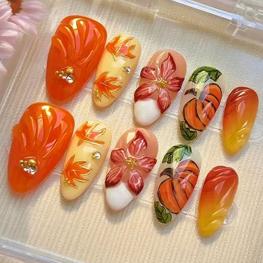 30Pcs Fall Press on Nails Medium Almond French Tip Fake Nails with 3D Flower Gold Sliver Gems Design Maple Leaf Pumpkin False Nails Glossy Glue on Nails Full Cover Artificial Stick on Nail for Women