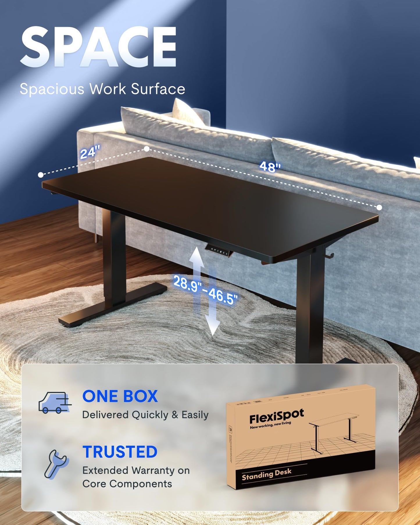FLEXISPOT EN1 One-Piece Standing Desk, 48"x24" Seamless Desktop Electric Height Adjustable for Home Office, Study Rooms & Multi-Device Workstations, Black