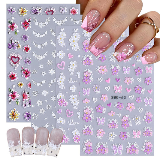 4 Sheets Pink White Flower Nail Art Stickers 3D Embossed Flowers Butterflies Hearts Nail Decals Cute French Floral Nail Stickers for Women Spring Summer DIY Nail Decorations
