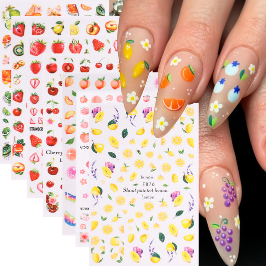 7 Sheets Fruit Nail Art Stickers Decals 3D Self-Adhesive Summer Colorful Nail Decals Fruits Lemon Cherry Strawberry Nail Designs Peaches Summer Fruit Nail Supplies for Women DIY Manicure Decorations