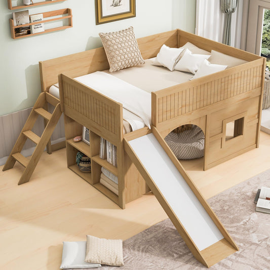 Merax Full Size Loft Bed with Slide & Stairs, Low Loft Bed for Kids, Solid Wood Bed Frame with Storage Shelve, Guard Rails, Slat Support & Under-Bed Play Space, No Box Spring Needed, Natural