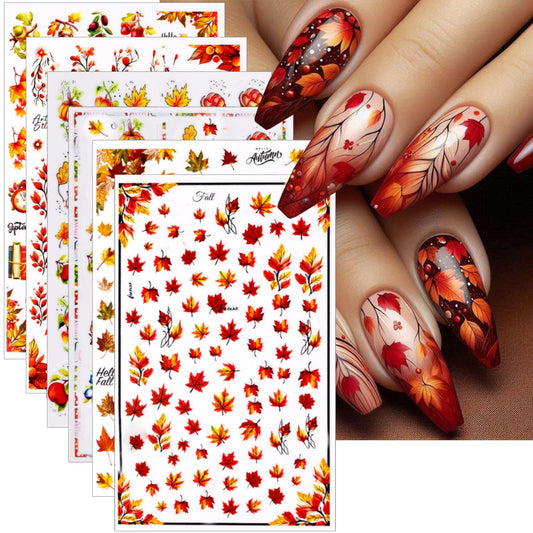 6 Sheets Fall Nail Stickers for Nail Art Thanksgiving Maple Leaf Nail Art Stickers Decals Autumn Pumpkins Mushroom Nails Decorations 3D Self-Adhesive Maple Leaves Nails Design Stickers for Women Decor