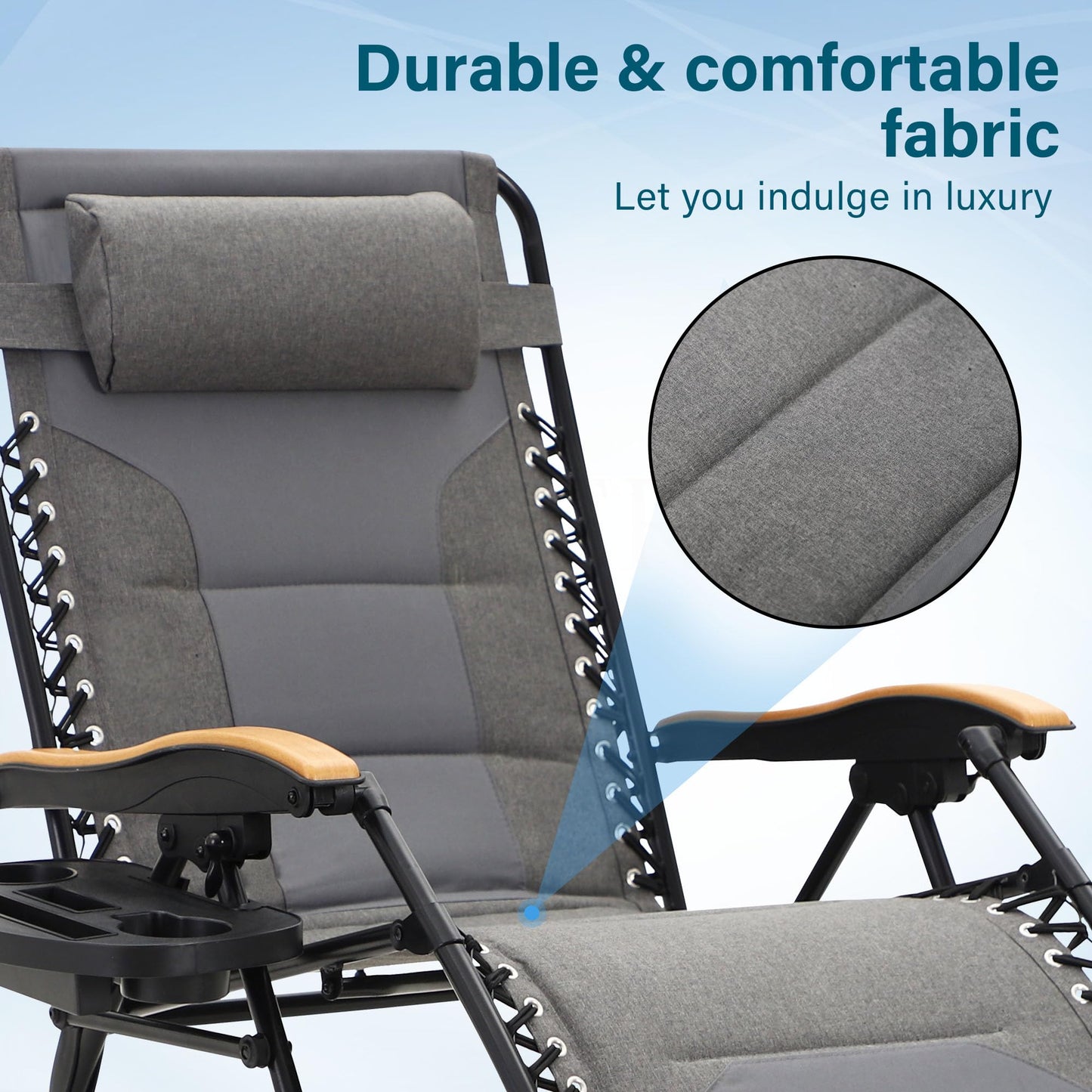 MFSTUDIO Zero Gravity Chairs, Oversized Patio Recliner Chair, Padded Folding Lawn Chair with Cup Holder Tray, Support 400lbs, Light Grey