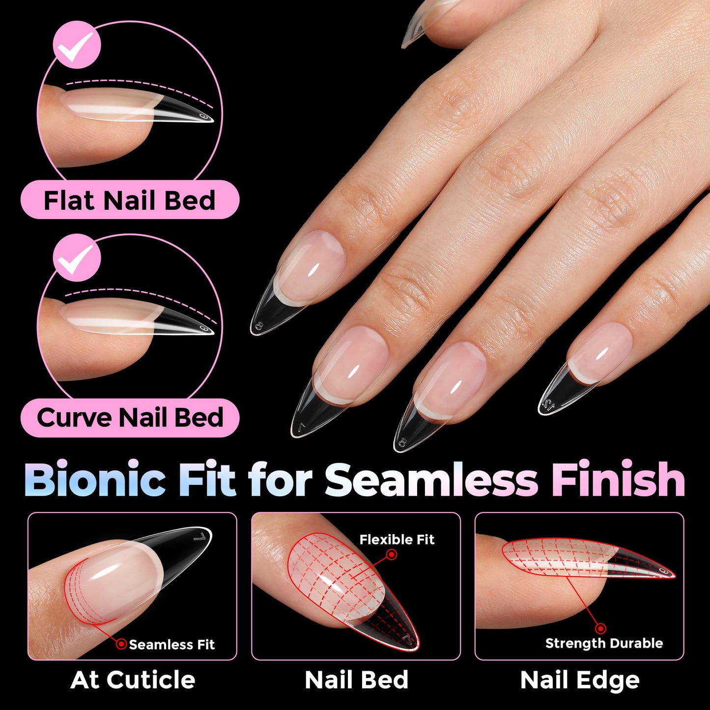 UNA GELLA Stiletto Gel Nail Tips Medium 15 Sizes 300PCS Pre-Etched Clear Acrylic Nail Tips Easy DIY Salon Stiletto Almond Press On Nails Snug Fit Full False Fake Tips Extensions Long-Lasting Hold