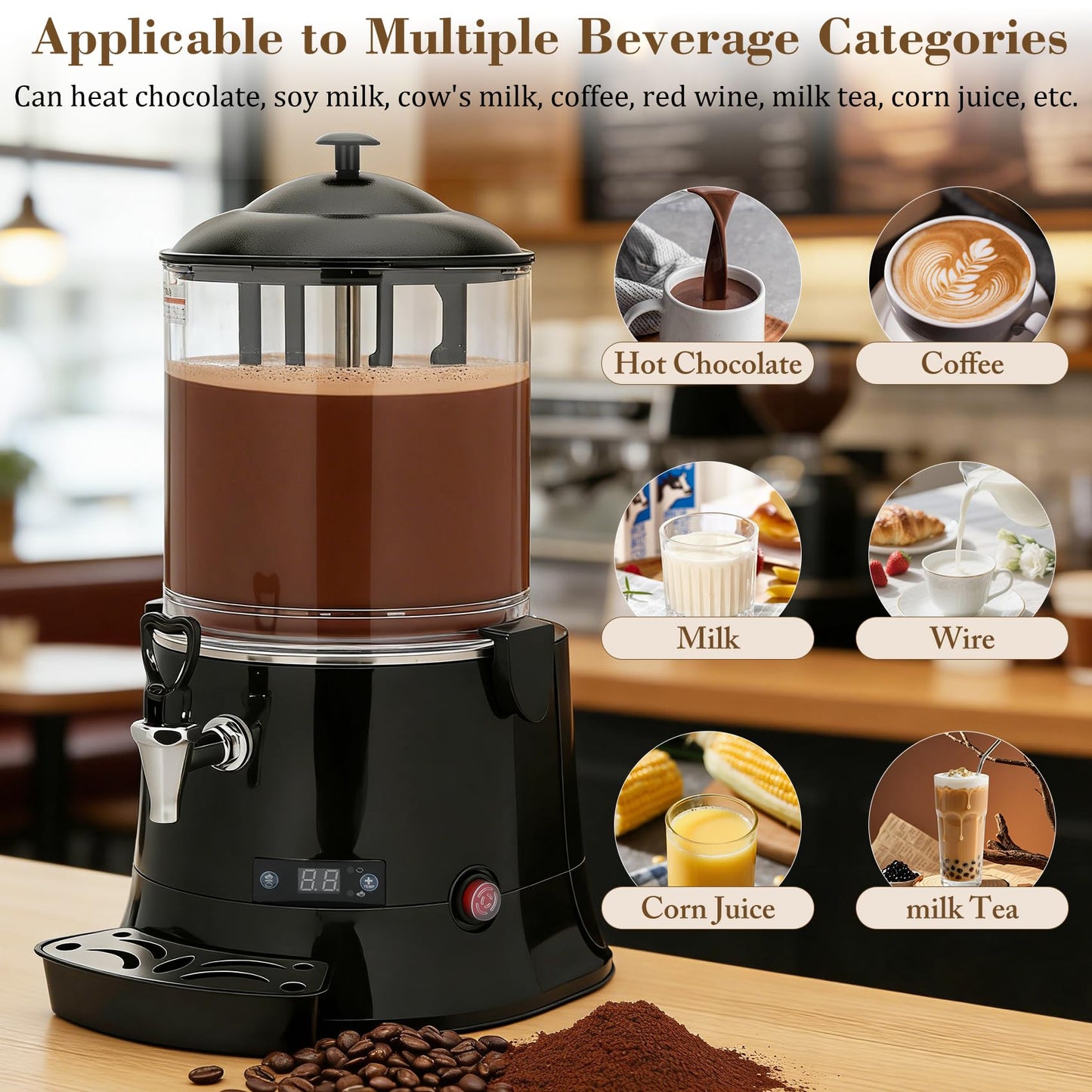 Anrain 10L/2.6Gal Commercial Hot Chocolate Machine, 80 Cup Hot Drink Dispenser with 86-194°F Adjustable Temperature, Hot Chocolate Machine Maker for Cocoa, Milk, Coffee, Juice