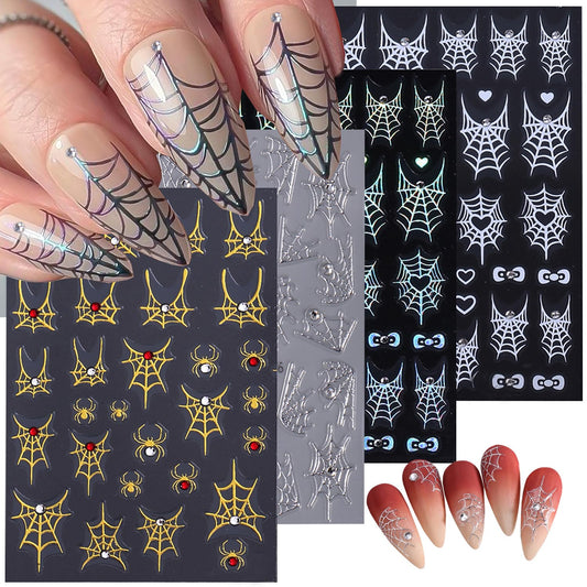 4 Sheets 5D Embossed Halloween Nail Stickers for Nail Art Self-Adhesive Ghost Spider Web Spider Nail Decals Laser Gold Silver Rhinestones Nail Designs Stickers Holiday Nails Supplies for Women DIY