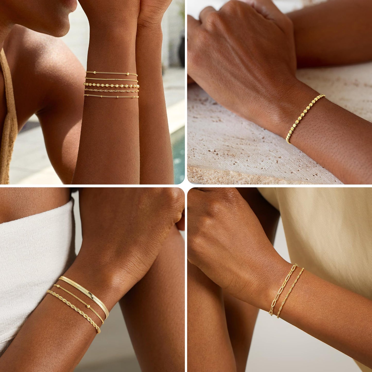 Turandoss Gold Bracelets Stack for Women, Dainty 14K Gold Plated Stackable Bracelet Set Adjustable Paperclip Rope Snake Satellite Box Chain Bracelet Waterproof Non Tarnish Jewelry Gifts