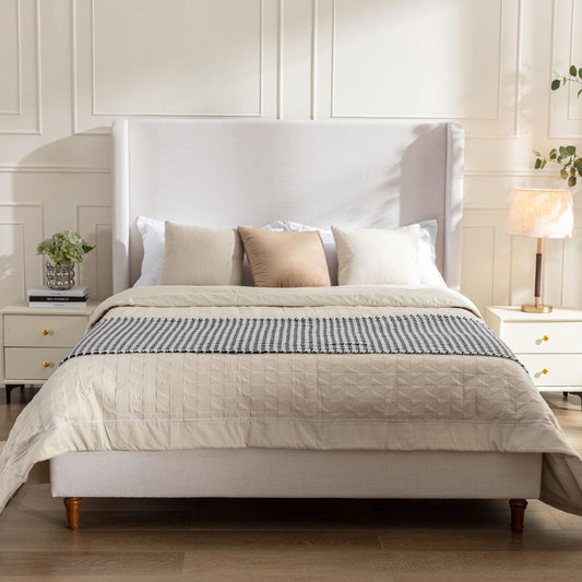 GDFStudio Tall Headboard Upholstered Bed,Queen Size Platform Bed Frame with Chenille Wingback Headboard, Without Wooden Slats,Box Spring Required,Easy Assembly,Elegant Simplicity 54" High Ivory