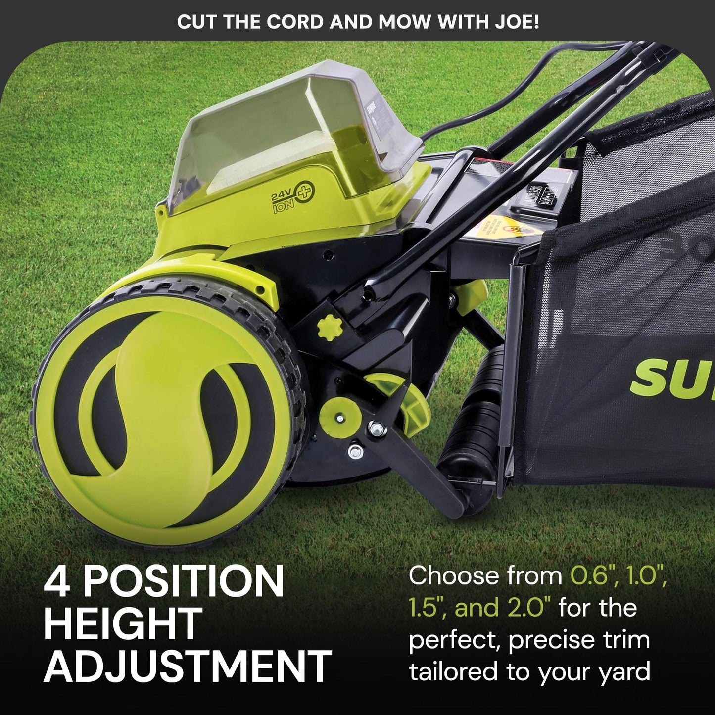 Sun Joe Cordless Electric Push Lawn Mower with 11.9-Gal Bag, 15-Inch Cutting Width, 360W Motor - Heavy-Duty Yard Trimmer for Gardening Care and Maintenance, IONMAX 24V-CRLM15