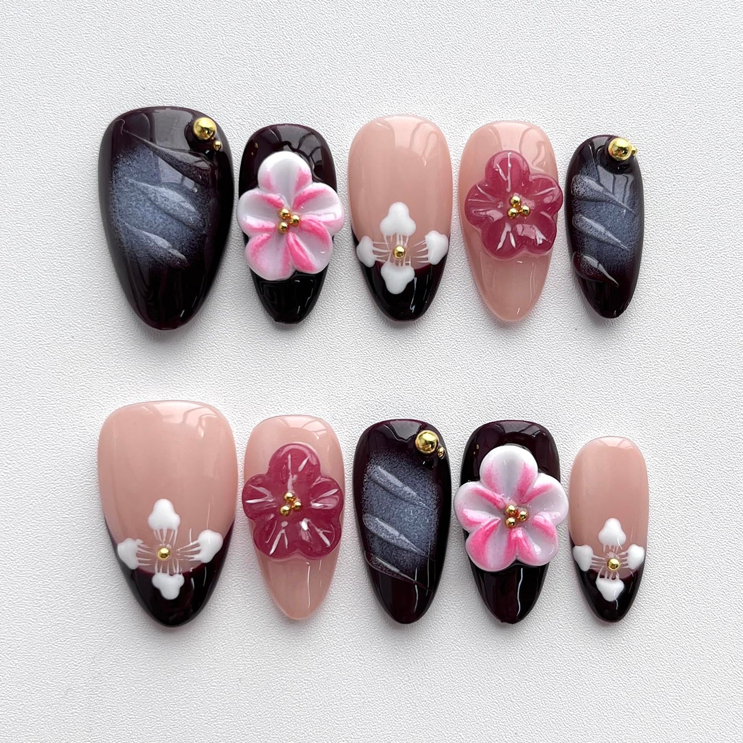 Handmade Press on Nails Almond Short 3D Floral Nails French Tip Thick Acrylic Fake Nails Purple False Nails with Pink Flower Designs Elegant Sturdy Nail Art Press on Nails 10Pcs(M)