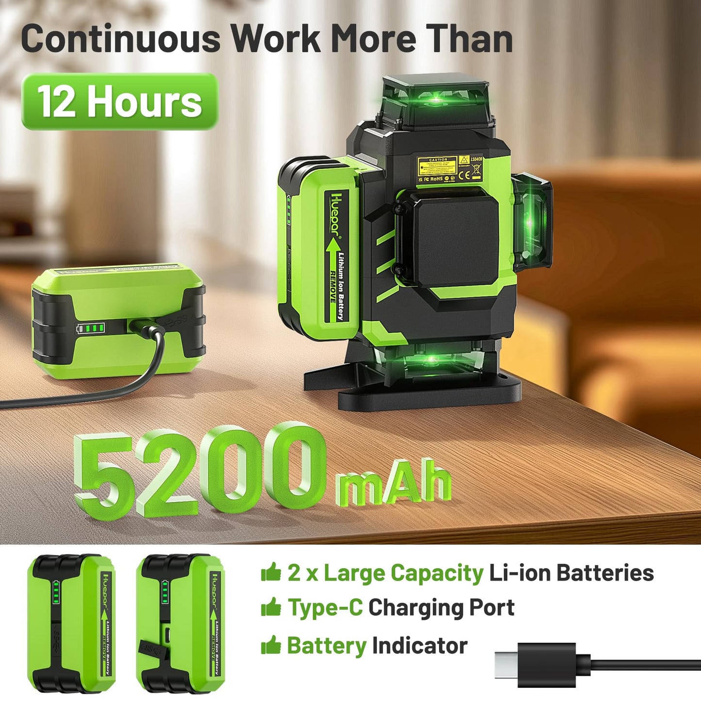 Huepar Laser Level, Self-leveling 16 Lines Green Beam 4D Cross Line Tiling Floor Laser Tool-2 x 360 Horizontal & 2 x 360 Vertical Laser Lines with Two Li-ion Batteries and Hard Carry Case-LS04CG