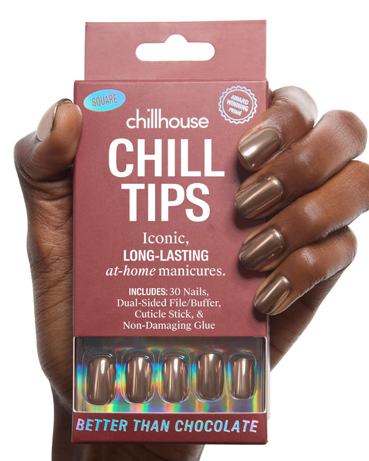 Chillhouse Chill Tips Signatures Press On Nails Kit, Better Than Chocolate - 30 Nail Shapes & Sizes, Dual-Sided Buffer & File, Cuticle Stick & Glue - Long-Lasting Nail Art Manicures