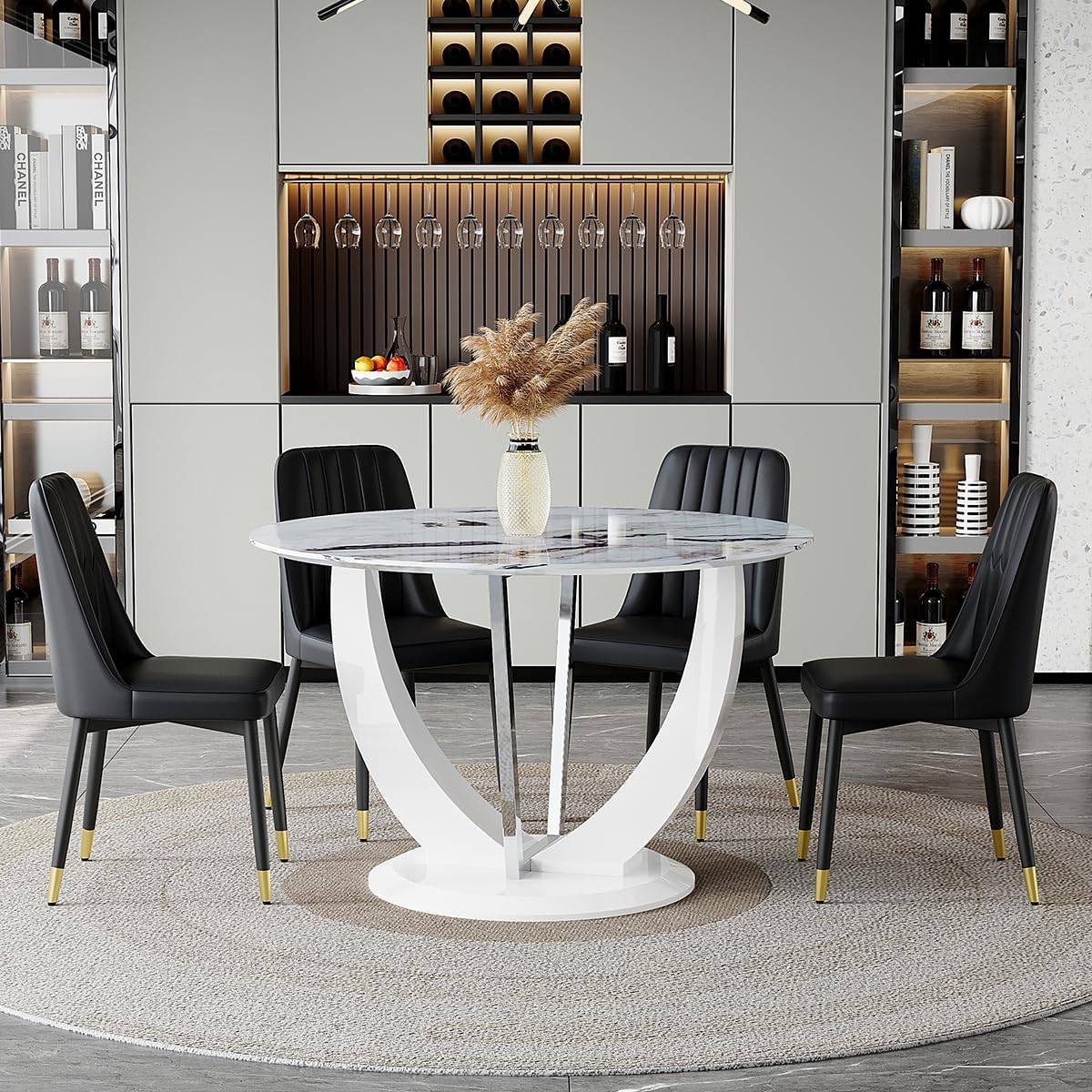 JUFU Round Dining Table Set for 4, 47" White Dinner Table Set for 4 with Marble Pattern Tabletop and PU Upholstered Black-007 Chairs, Modern 4 Chair Dining Table Set for Dinning Room, Living Room