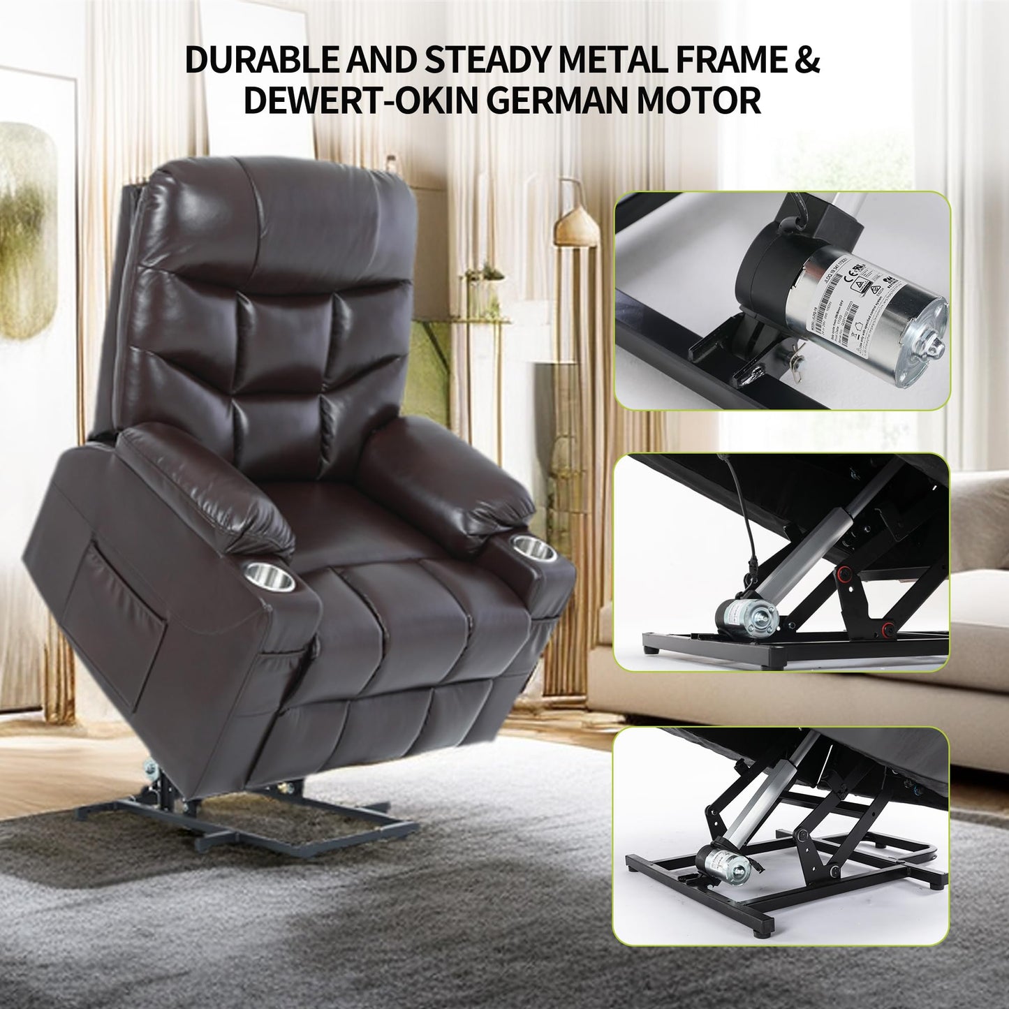 S*MAX Oversized Power Lift Recliner Chair for Elderly X Large with Premium PU Leather Lift Chair Electric Recliner Powered by OKIN Motor Side Pockets USB Charge Port Stainless Cup Holder Brown