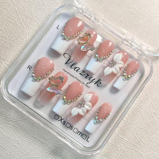 Luxury Handmade Press on Nails - Long Square White French Tips Press on Nai,l with Almond 3D Rhinestones, Flowers & Butterflies, Acrylic Multi-Layer Gel False Nails for Women (10Pcs) S SIZE