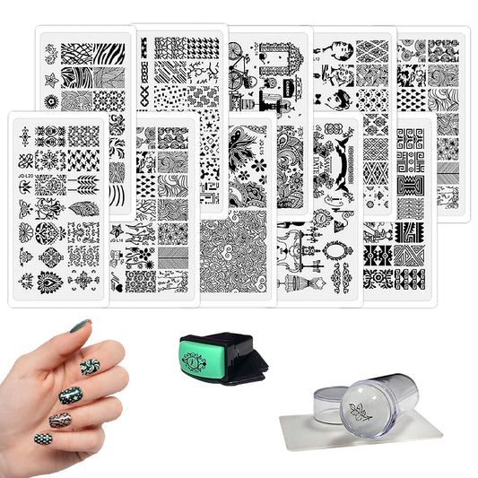 BeautyLeader 10 Nail Plates Mix Designs Nail Art Image Stamp Stamping Plates Manicure Template Nail Art Tools +2 Pcs Stamper DIY Stamping Plate（1-10）