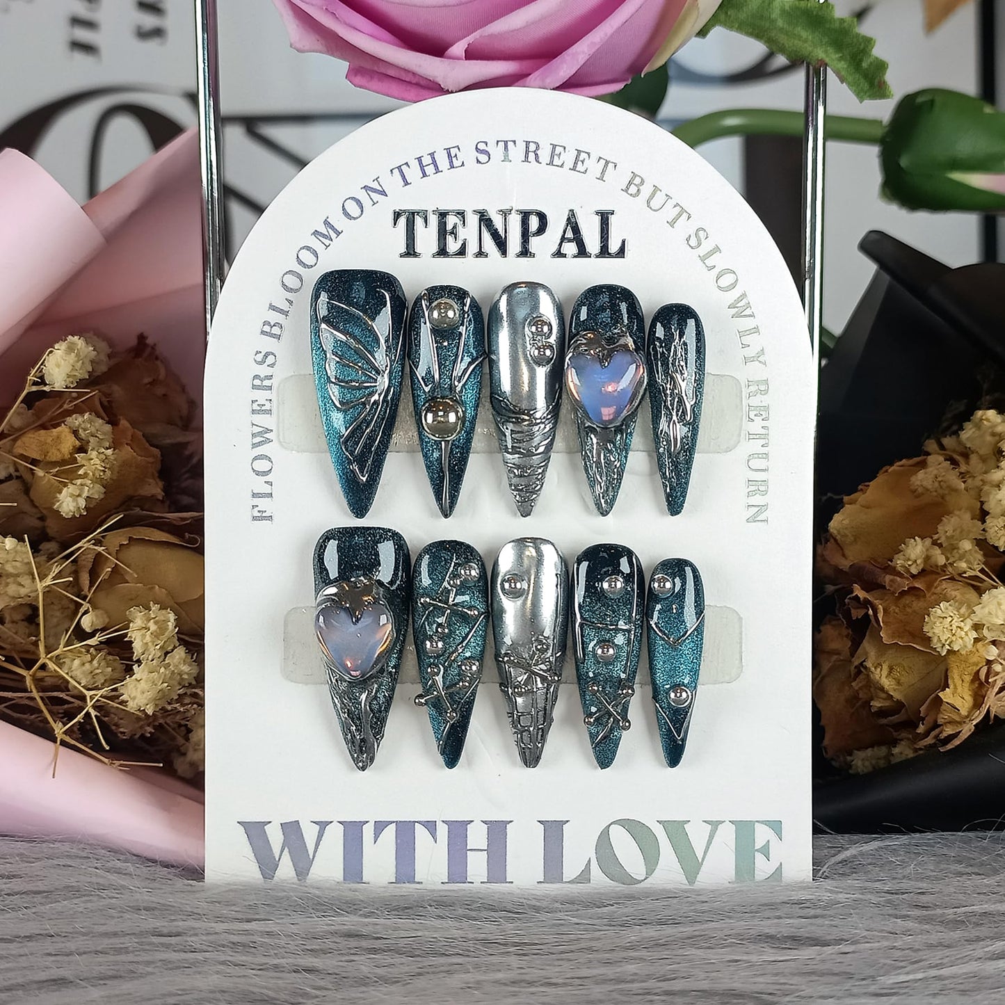 TENPAL Handmade Press on Nails Long Stiletto,Galaxy Ombre Blue-Black Fake Nails with 3D Butterflies Cross Beads Gem Stones,Edgy Y2K Metal Embossed Meteor Glitter Design Salon False Nail Kit 10pcs(XS)