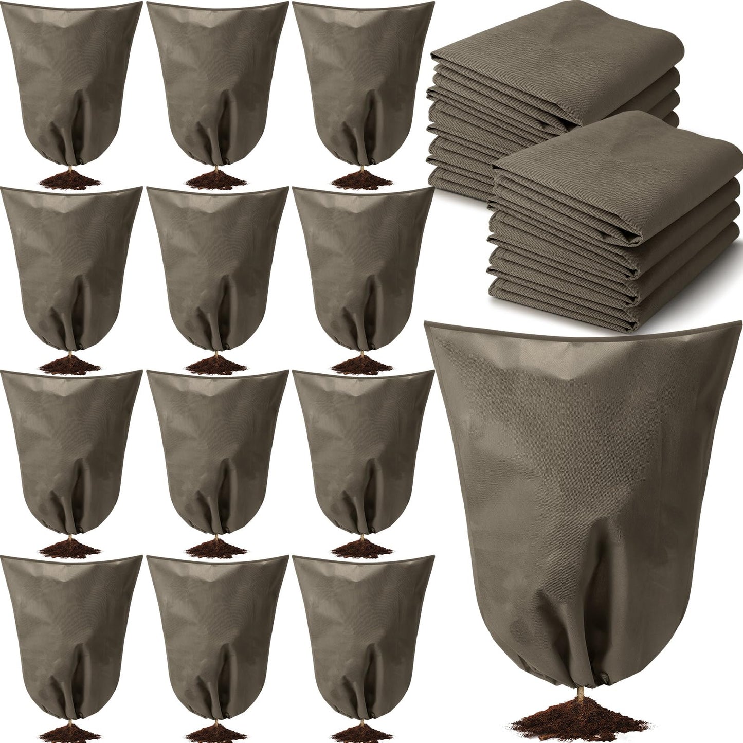 Wesnoy 12 Packs Winter Plant Covers Freeze Protection Drawstring Tree Cover 23.62 x 31.5 in Large Reusable Frost Protection for Plants Fruit Tree Shrub, Outdoor Prevention Bag (Brown)