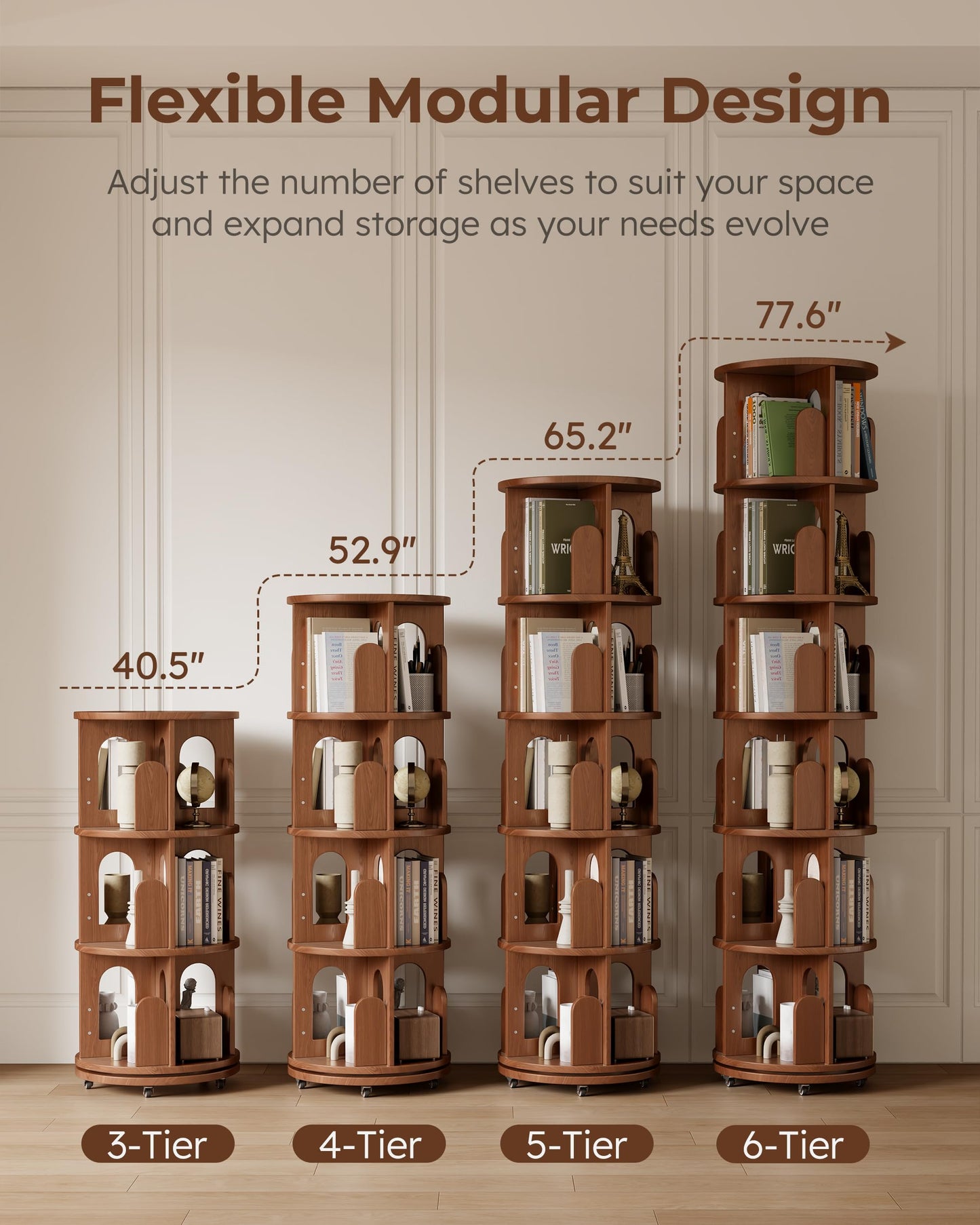 DONGMUWUJEE Solid Wood Rotating Bookshelf Tower, 6 Tier Corner Bookshelf with Bookends, Kids Spinning Book Shelf with Wheels, Revolving Bookcase Shelf, Tall Narrow Bookshelves for Small Spaces, Walnut