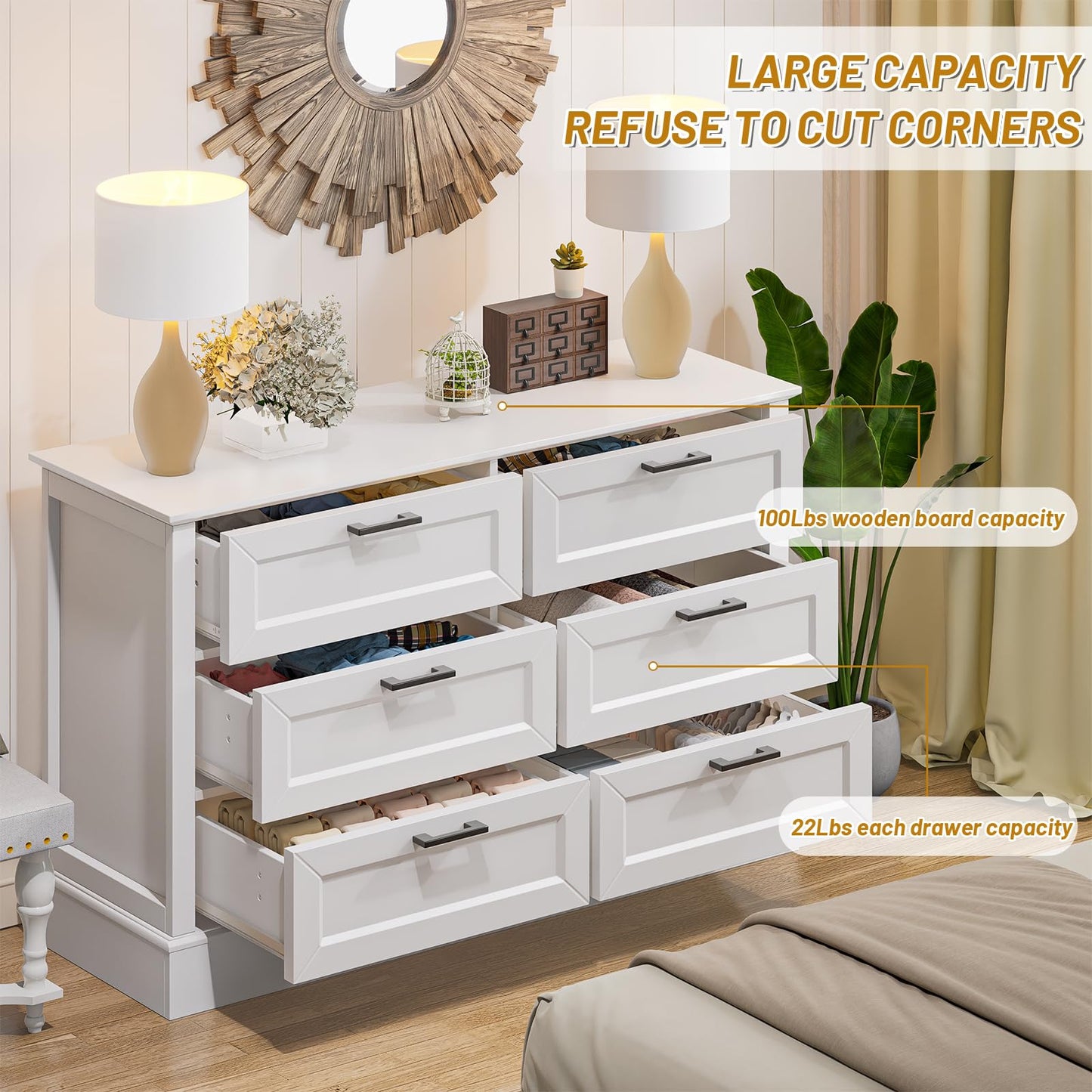 ZLWJGY White Dresser for Bedroom with 6 Drawer, Bedroom Furniture Organizer Storage, Wood Double Dresser & Chest of Drawers, Modern Farmhouse Style, Dressers for Closet, Living Room 30” Tall