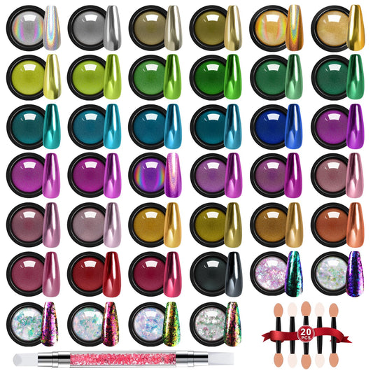 Mirror Chrome Nail Powder Set, 40 Colors Unicorn Iridescent Holographic Chrome Powder, Metallic Mirror Gold Silver Red Blue Green Black Purple Brown Chrome Pigment Nail Art Chameleon Flakes Sequins