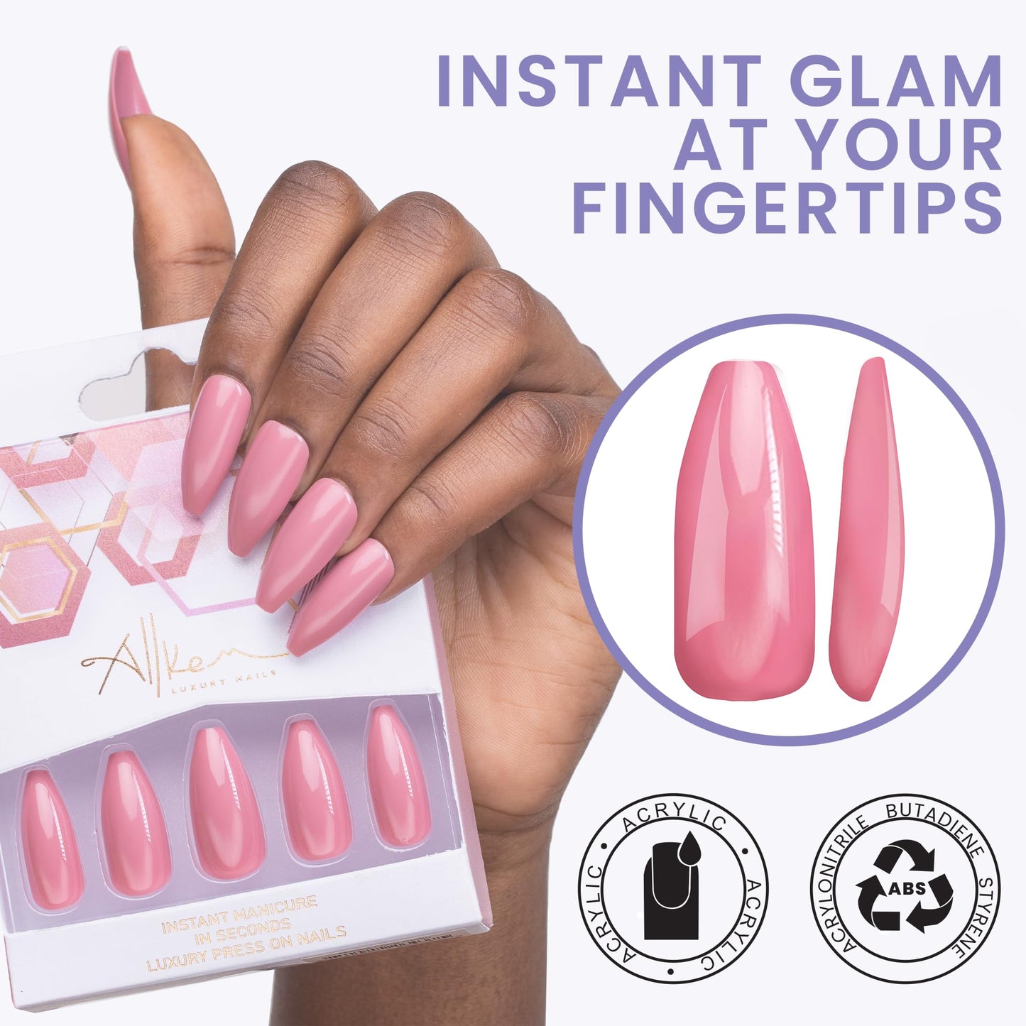 Allkem Mauve Press on Nails | Glossy Long coffin | 10 sizes - 20 pcs Ballerina Nail kit with Glue