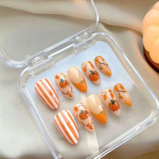 CJDLTS 30Pcs Thanksgiving Press on Nails Medium Almond Maple Leaf Artificial Acrylic Fake Nail Pumpkin with Starfish Pearl Stick on Nail Full Cover Autumn Artificial Fingernails for Women Manicure