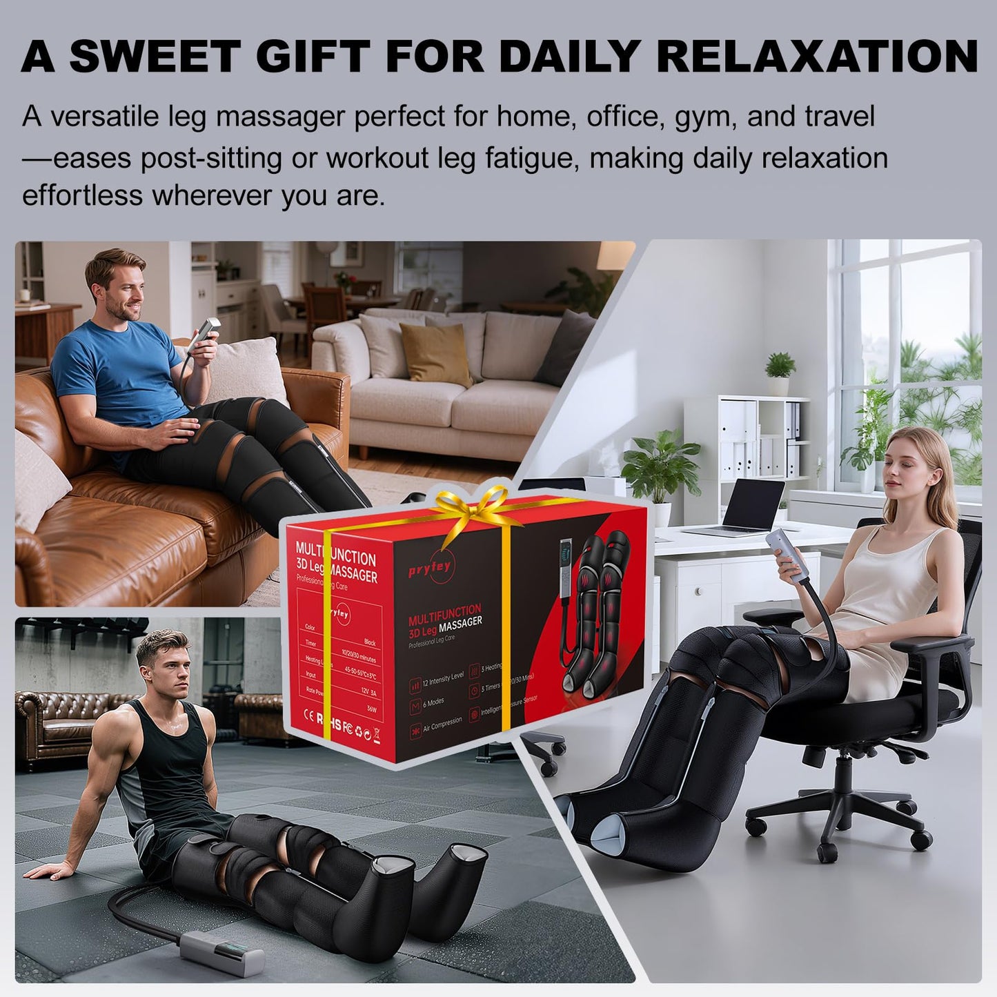 pryfey Leg Massager with Heat and Compression, Foot Massager for Circulation and Pain Relief, 3 Timers, 12 Intensity, 6 Modes,3 Heating with Knee Massager,Mother's Day Gifts for Man Woman,Black