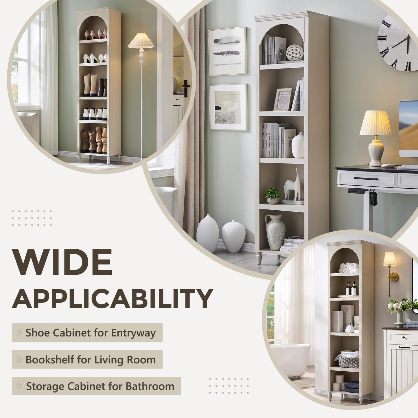 IFGET 76" Tall Arched Bookcase, Farmhouse 5 Tiers Narrow Arched Bookshelf Cabinet with Adjustable Shelves, Modern Wooden Book Shelf w/Storage and Open Display Shelves for Living Room, Office-Cream