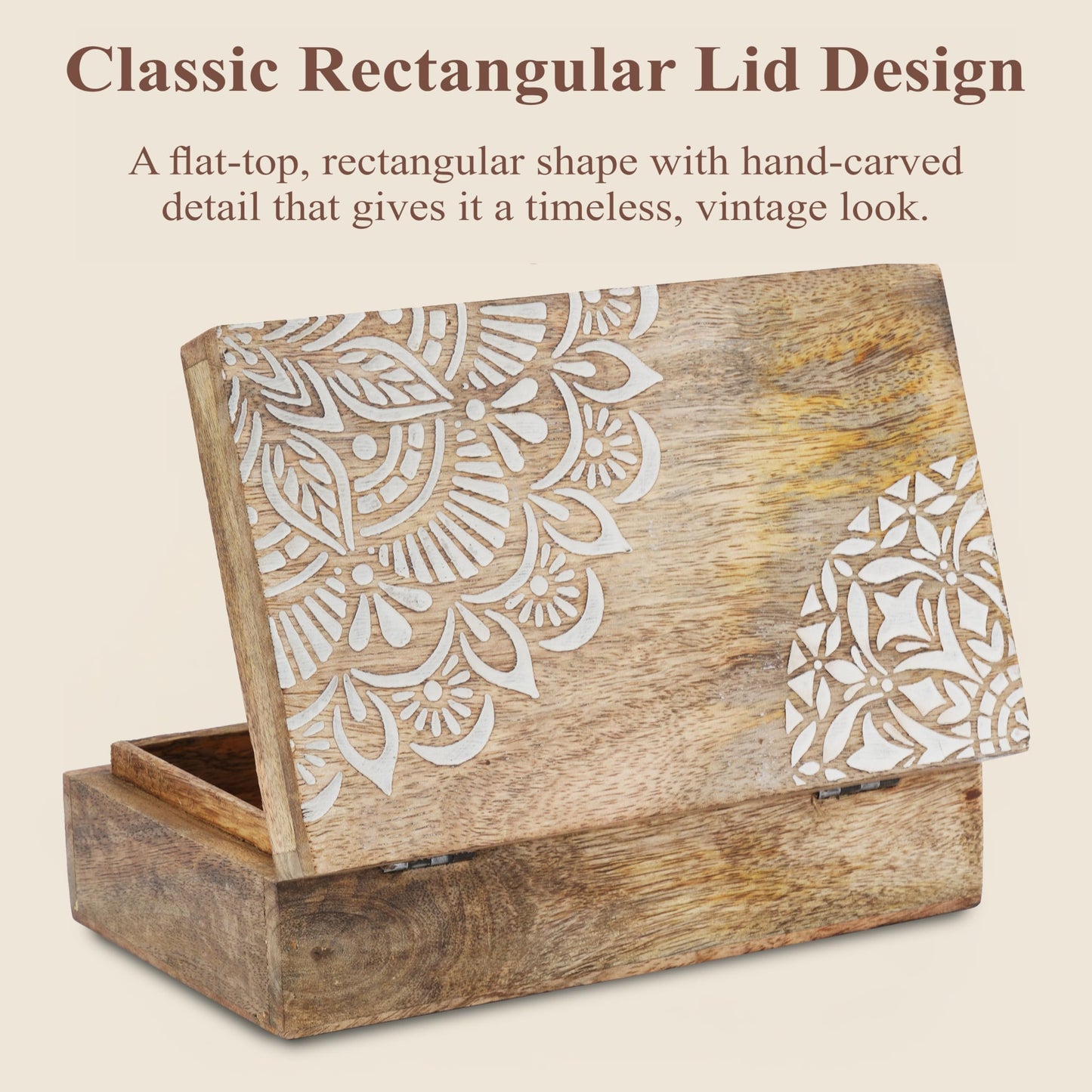 Ajuny Wooden Handmade Decorative Jewelry Storage Box Corner Flower Design Multipurpose Treasure Chest Keepsake Organizer Necklaces Bracelet Watch Boxes Gifts 8x5 Inch