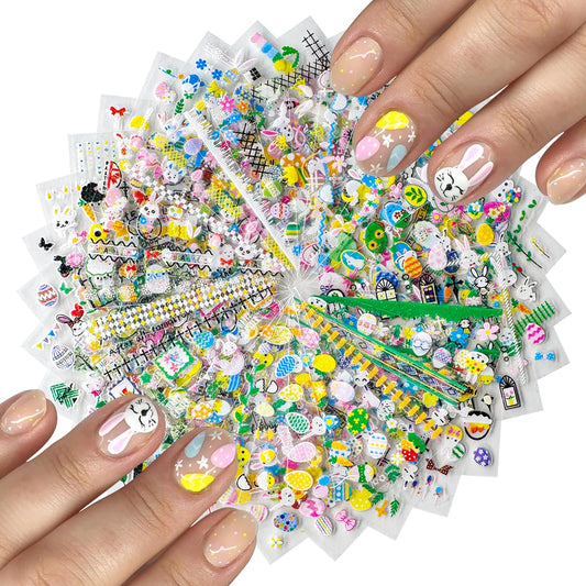30 Sheets Easter Nail Art Stickers 3D Self-Adhesive Cute Bunny Nail Decals Eggs Flower Design Easter Nail Stickers for Nail Art Women DIY Spring Summer Manicure Decorations Supplies