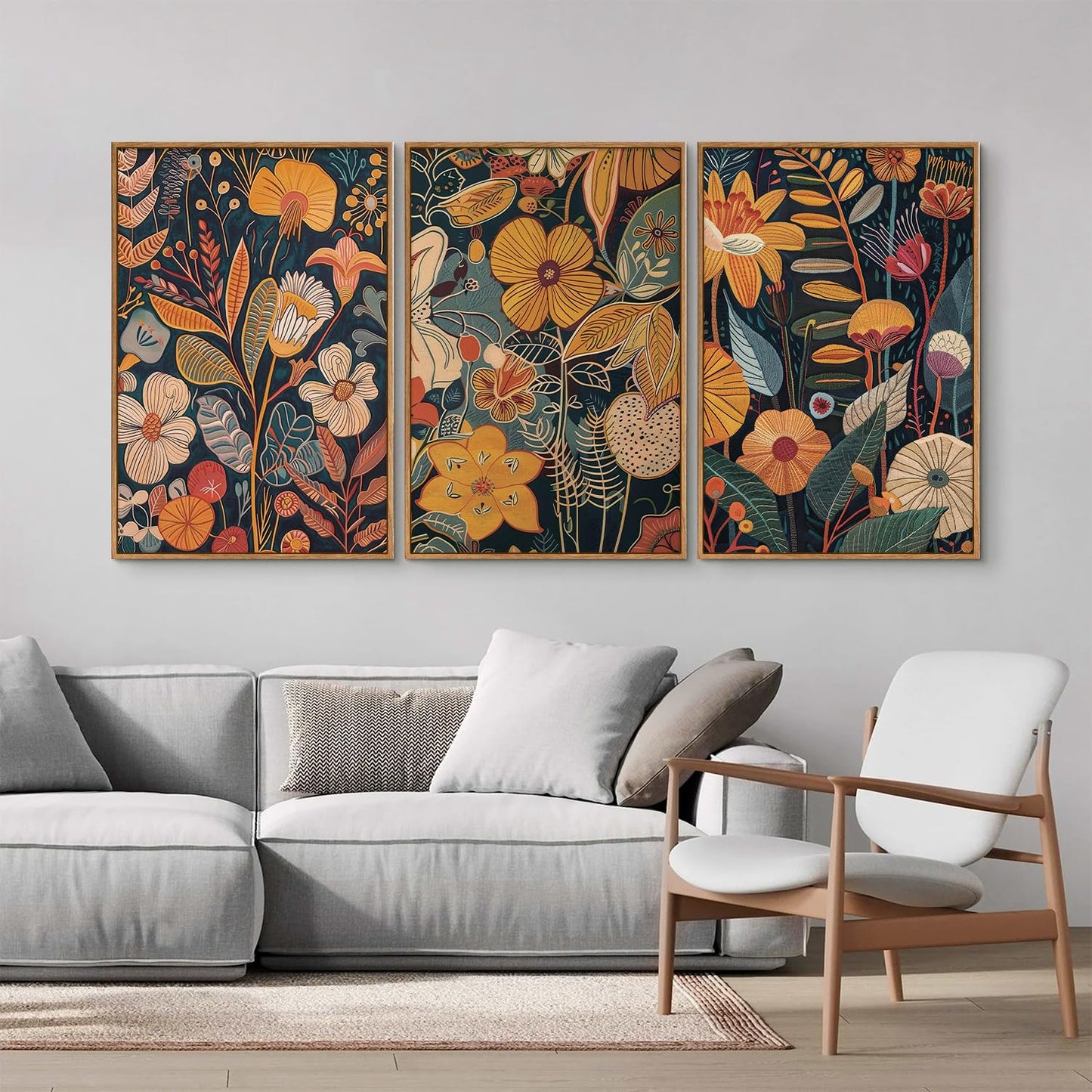 SIGNINART Orange Floral Framed Canvas Wall Art Set of 3, Mid Century Modern Flower Wall Decor, Neutral Plant Artwork, Boho Botanical Art Prints for Bedroom Living Room Office 16"x24"x3