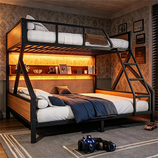 Bellemave Queen Over King Bunk Bed with Storage Shelf & LED Lights, Heavy Duty Metal Bunk Bed Frame with Guardrails & Ladder, No Box Spring Needed, Black